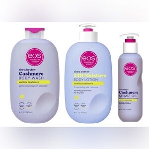 eos Shea Better Vanilla Cashmere Body Wash and Lotion and shave oil set